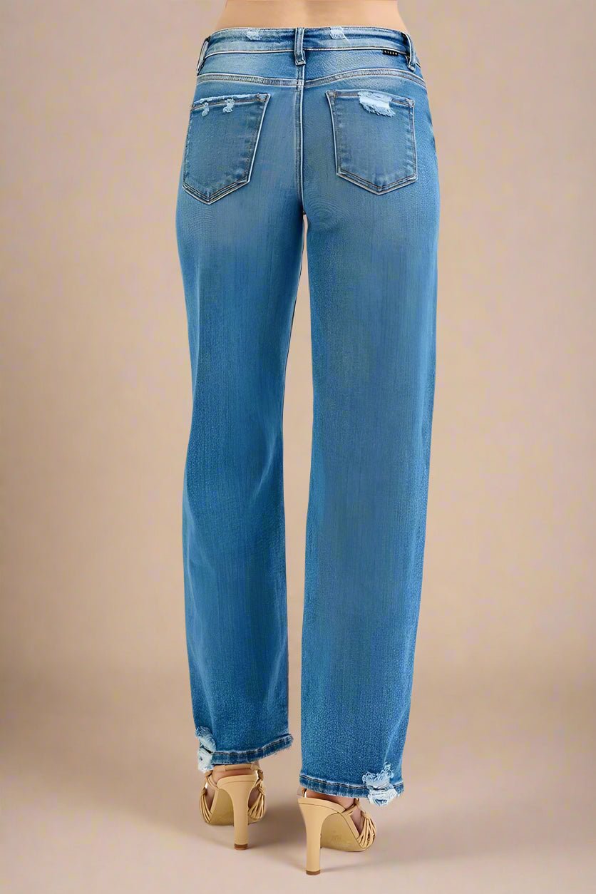 RISEN - Medium Wash Straight Leg Jeans with Distressed Hem