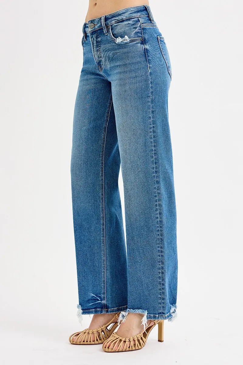 RISEN - Medium Wash Straight Leg Jeans with Distressed Hem