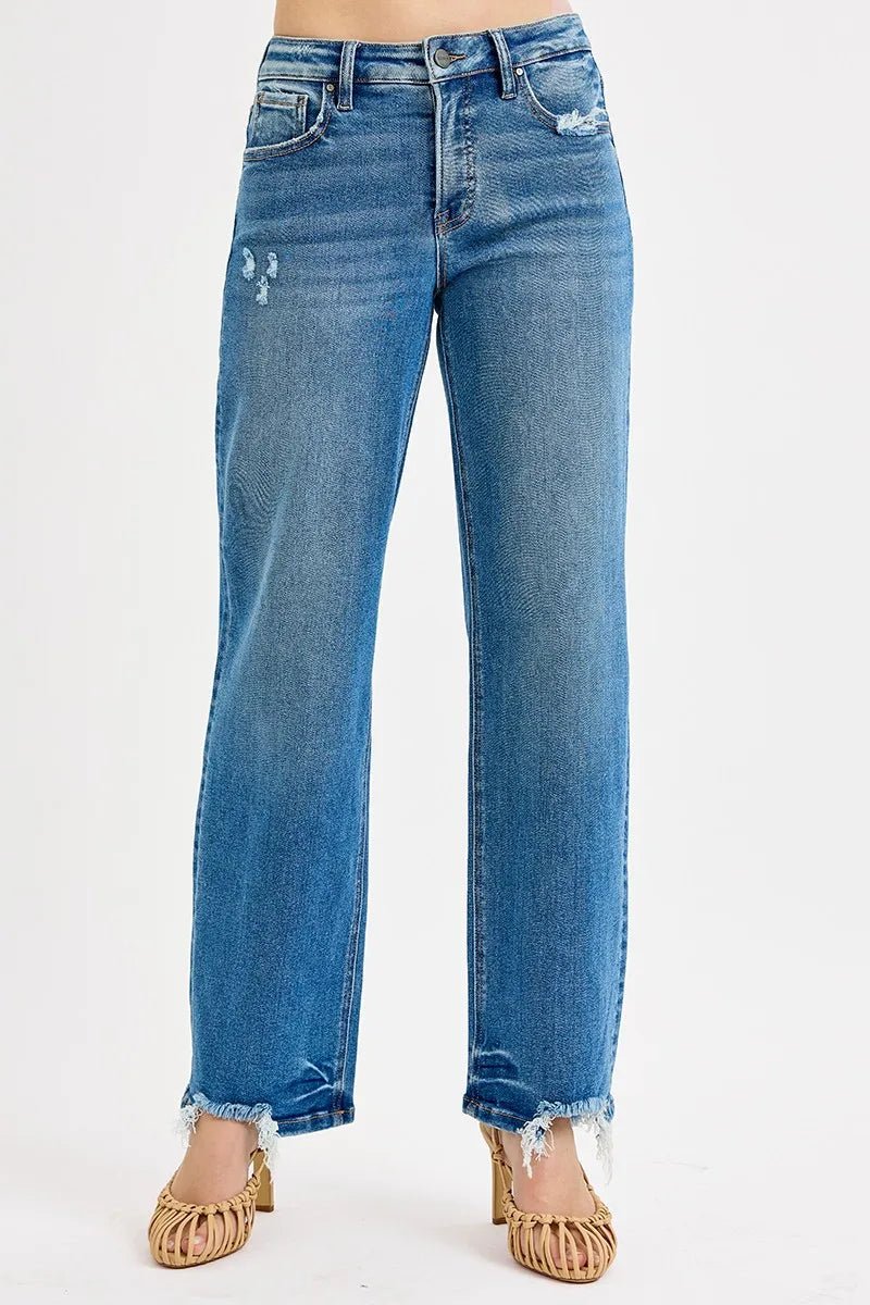 RISEN - Medium Wash Straight Leg Jeans with Distressed Hem