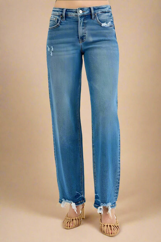 RISEN - Medium Wash Straight Leg Jeans with Distressed Hem