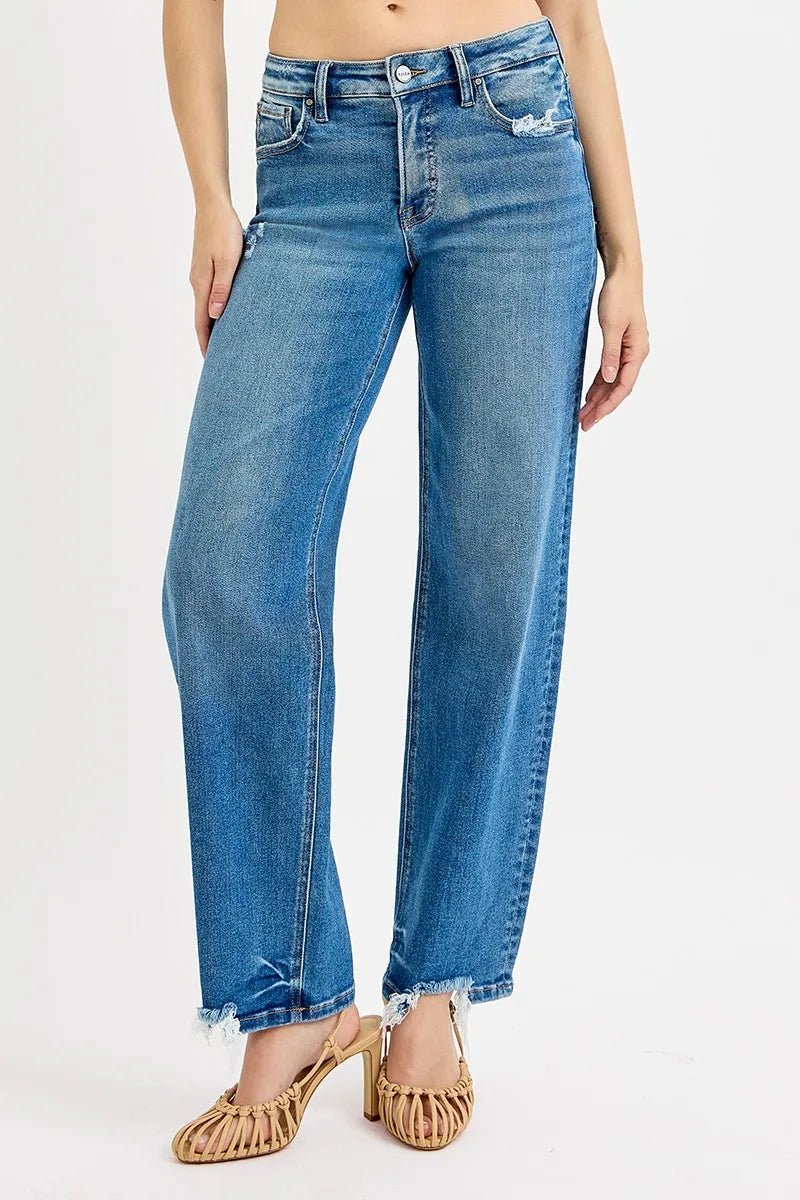 RISEN - Medium Wash Straight Leg Jeans with Distressed Hem