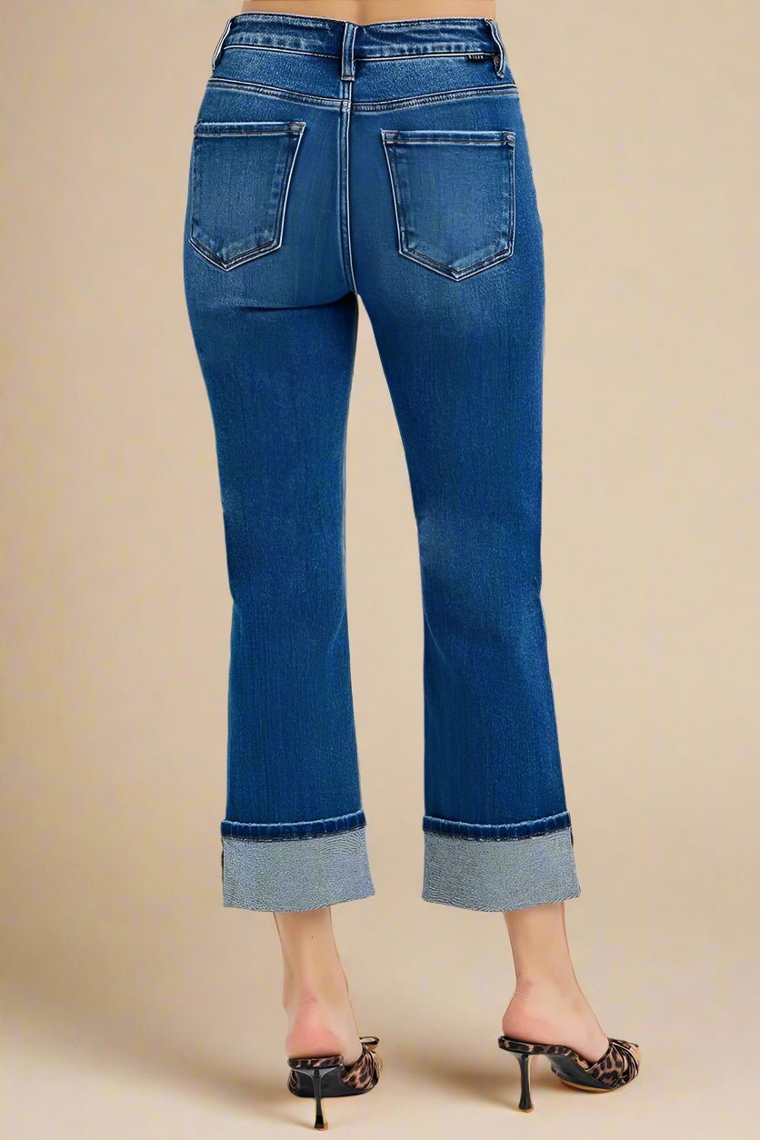 RISEN - Medium Wash Straight Leg Jeans with Wide Cuffed Hem