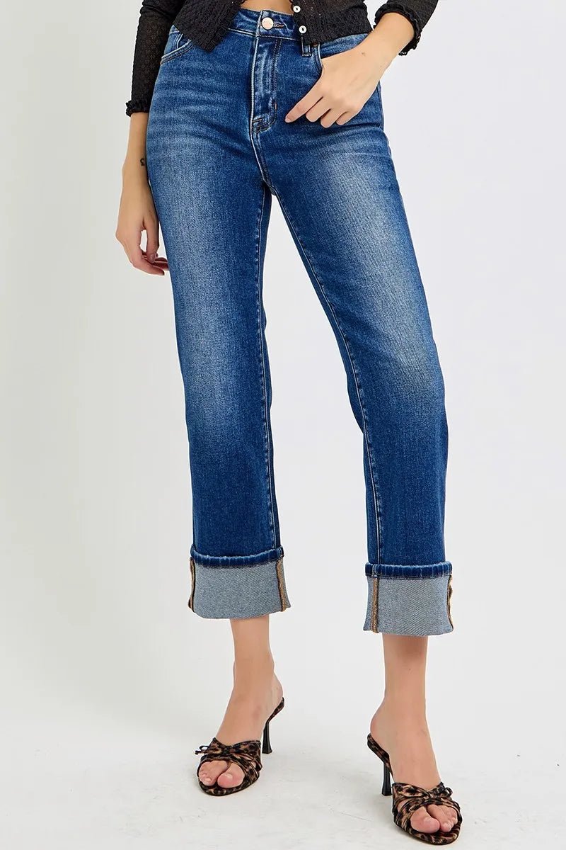 RISEN - Medium Wash Straight Leg Jeans with Wide Cuffed Hem