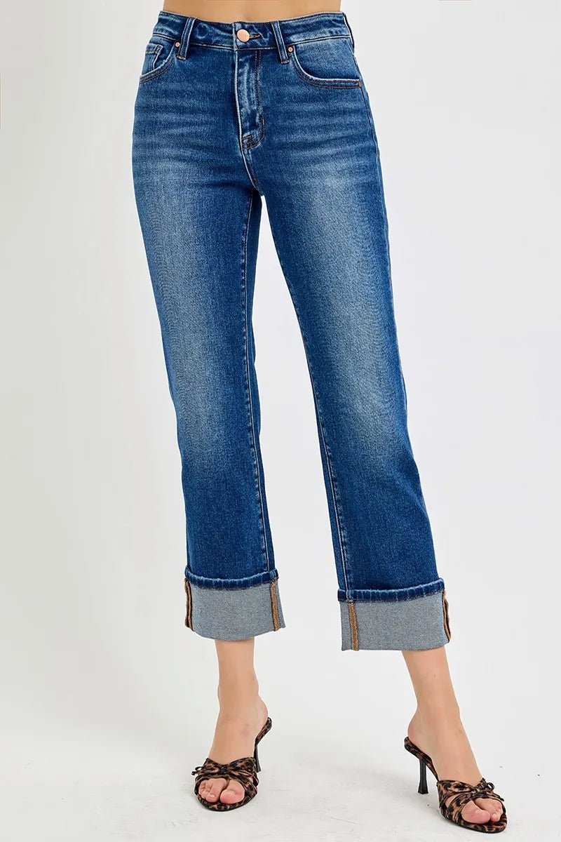 RISEN - Medium Wash Straight Leg Jeans with Wide Cuffed Hem