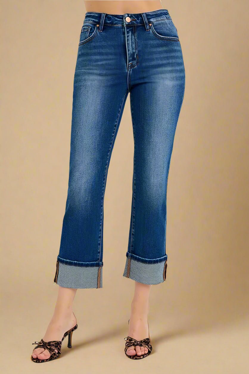 RISEN - Medium Wash Straight Leg Jeans with Wide Cuffed Hem