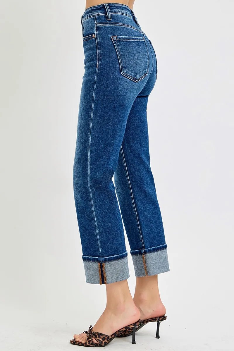 RISEN - Medium Wash Straight Leg Jeans with Wide Cuffed Hem