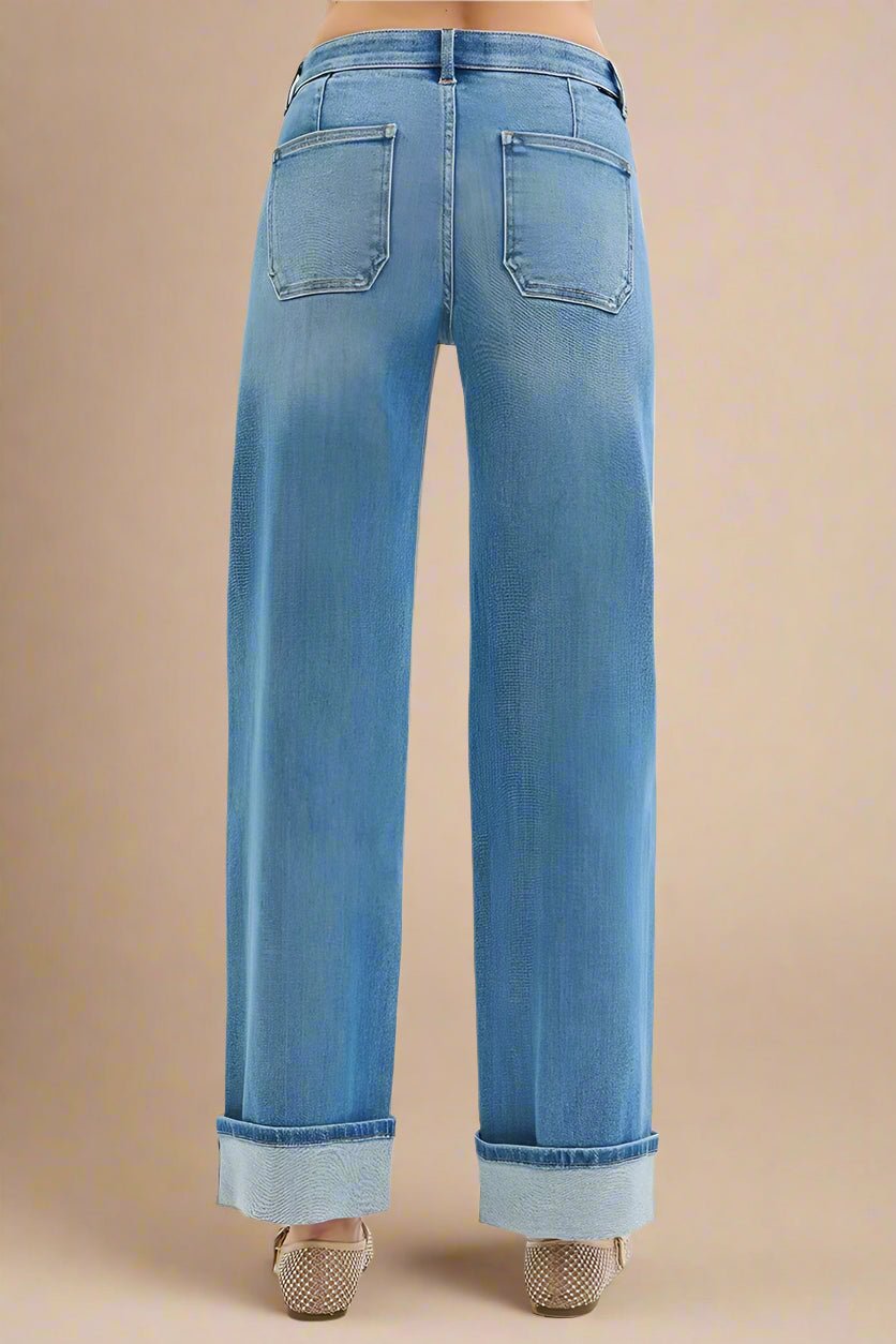 RISEN - Medium Wash Wide Leg Jeans with Front Patch Pockets