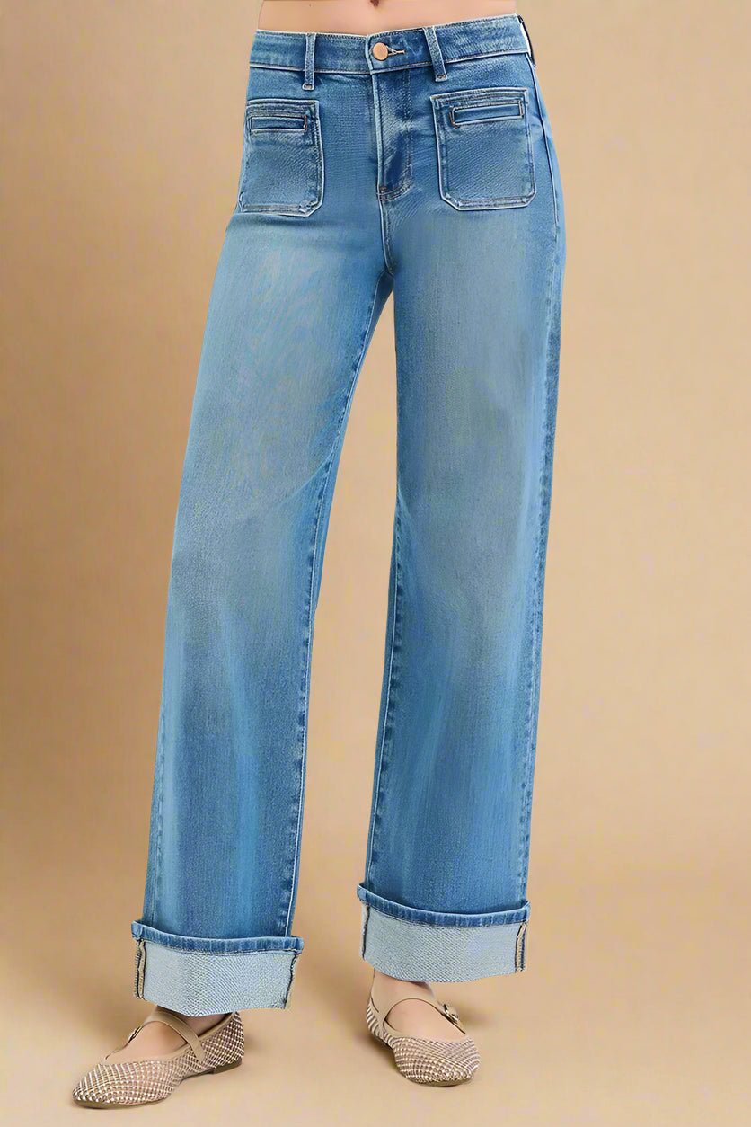 RISEN - Medium Wash Wide Leg Jeans with Front Patch Pockets