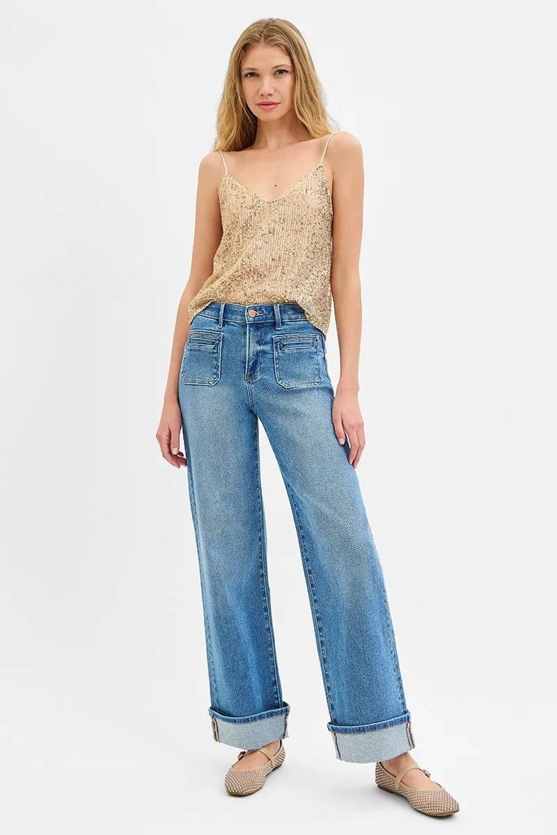 RISEN - Medium Wash Wide Leg Jeans with Front Patch Pockets