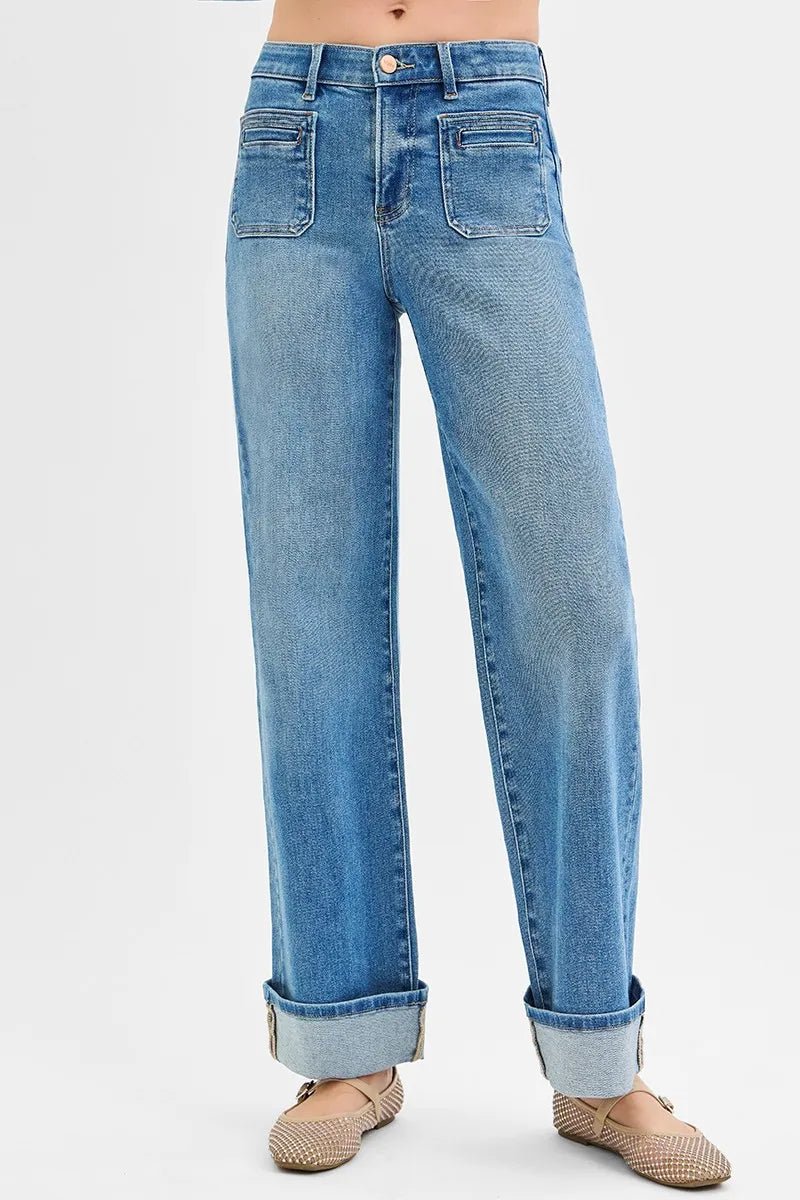 RISEN - Medium Wash Wide Leg Jeans with Front Patch Pockets