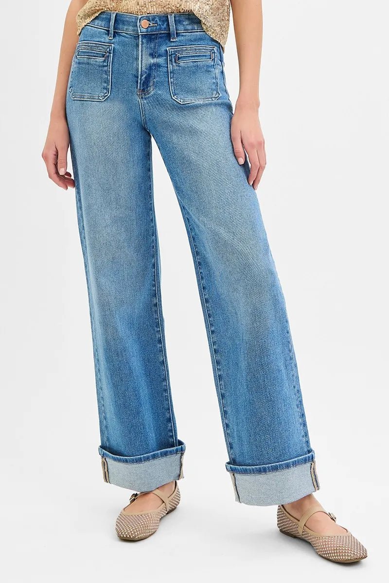 RISEN - Medium Wash Wide Leg Jeans with Front Patch Pockets