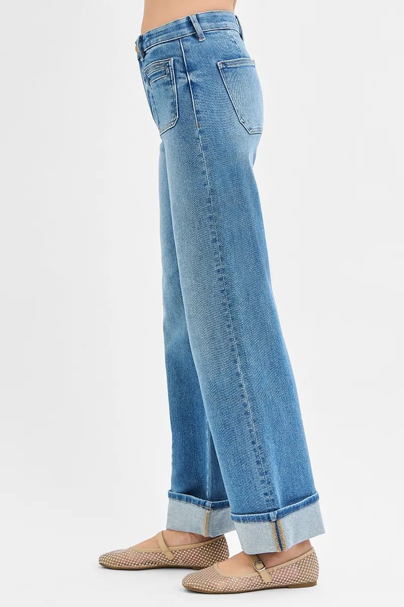 RISEN - Medium Wash Wide Leg Jeans with Front Patch Pockets