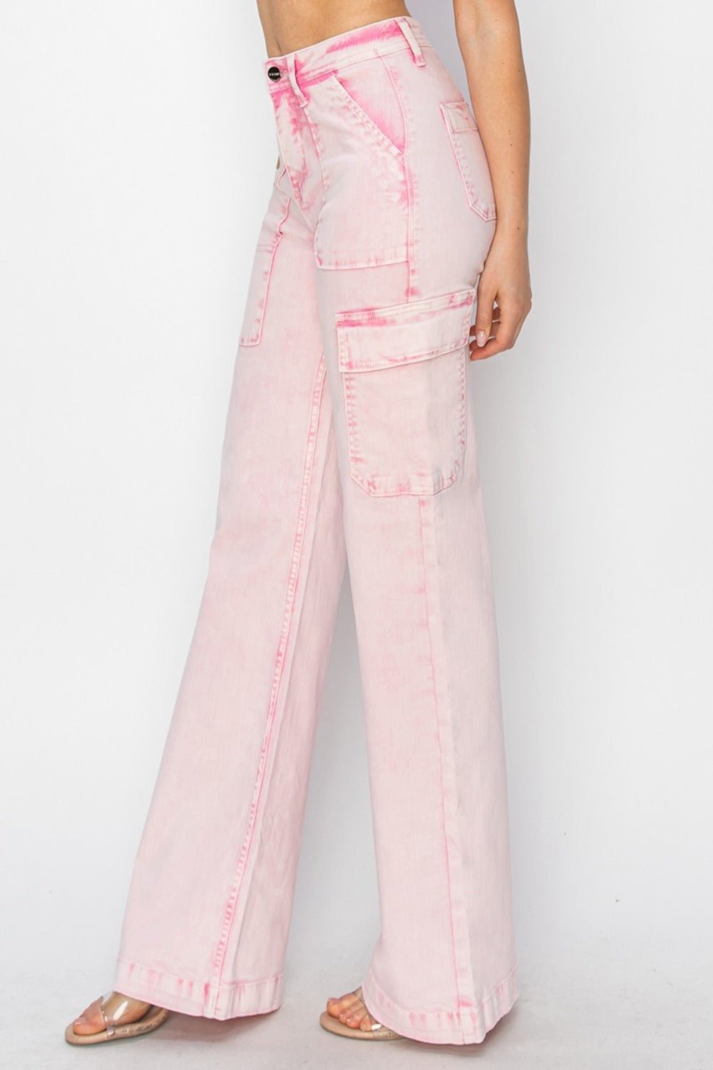 RISEN - Pink Acid Wash High Rise Wide Leg Cargo Jeans