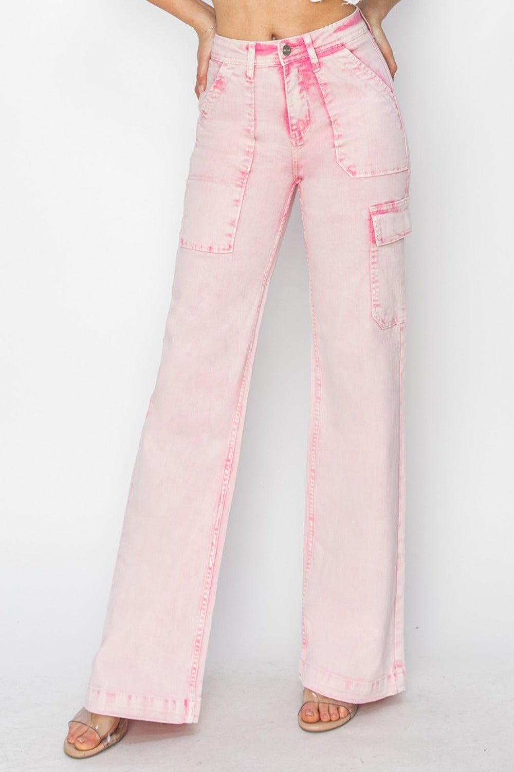 RISEN - Pink Acid Wash High Rise Wide Leg Cargo Jeans