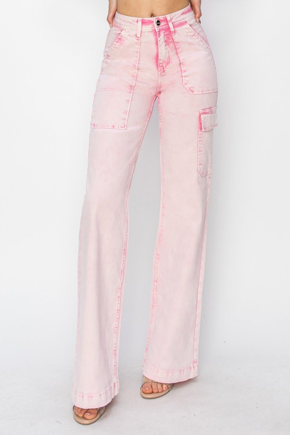 RISEN - Pink Acid Wash High Rise Wide Leg Cargo Jeans