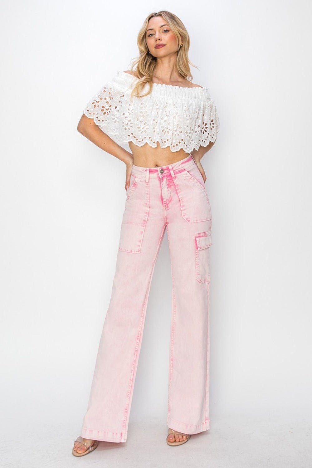 RISEN - Pink Acid Wash High Rise Wide Leg Cargo Jeans