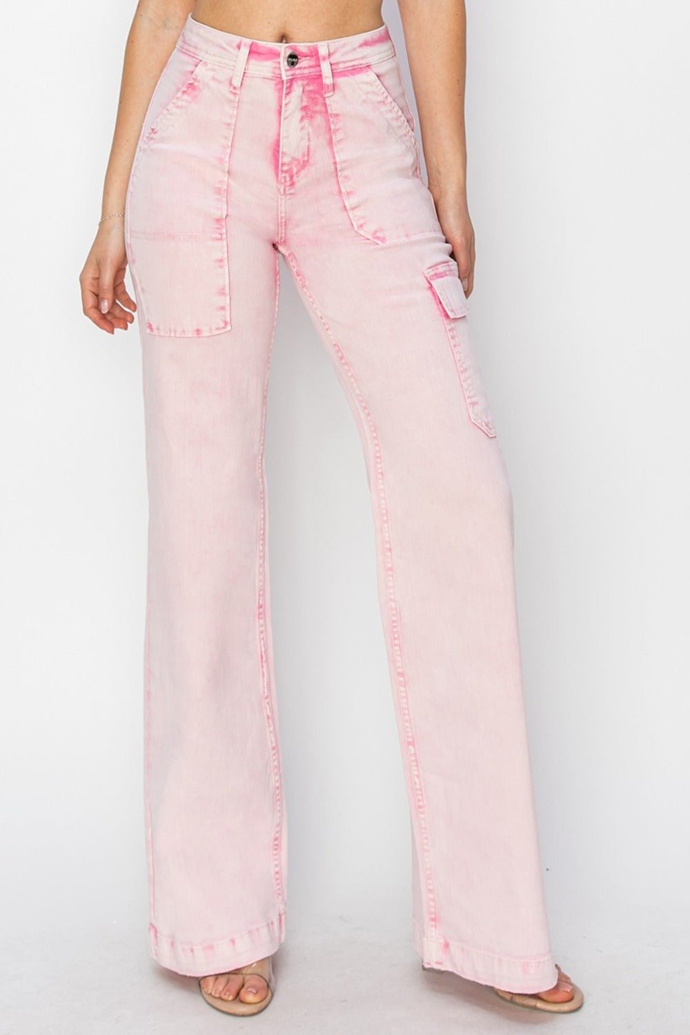 RISEN - Pink Acid Wash High Rise Wide Leg Cargo Jeans