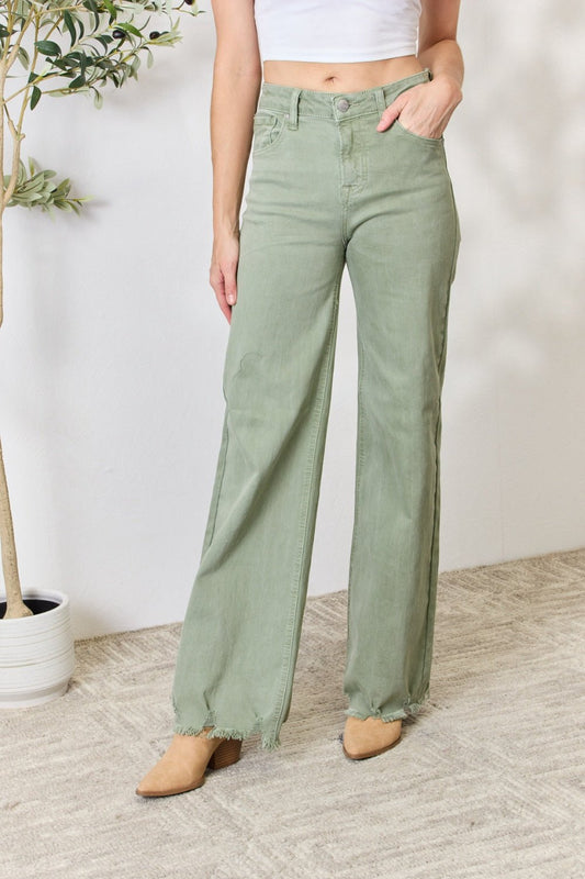 RISEN - Raw Hem Wide - Leg Jeans in Sage