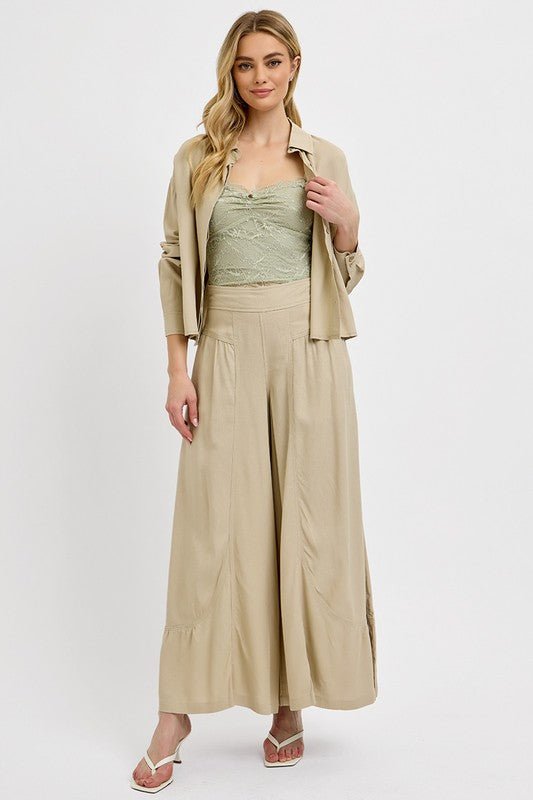 RISEN - Shirring Detail Wide Leg Pants in Tan