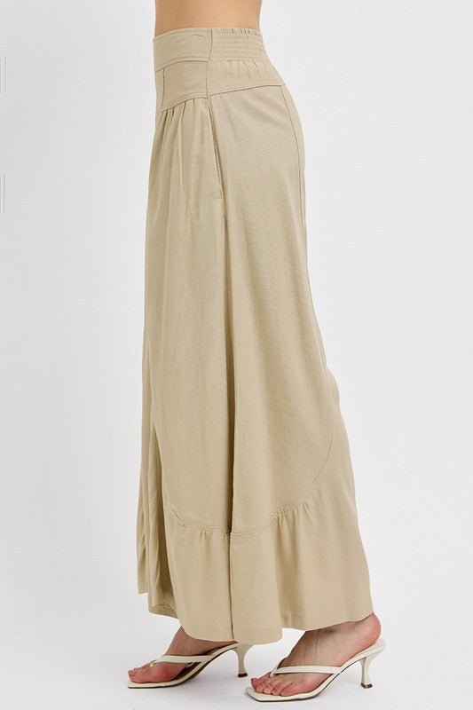 RISEN - Shirring Detail Wide Leg Pants in Tan
