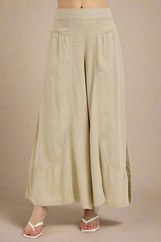 RISEN - Shirring Detail Wide Leg Pants in Tan