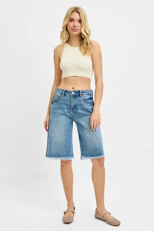 RISEN - Washed Denim Frayed Hem Bermuda Shorts