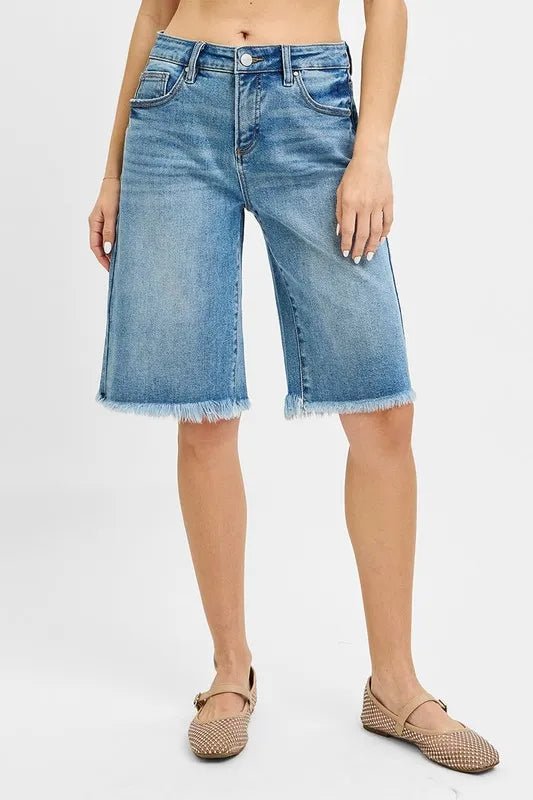 RISEN - Washed Denim Frayed Hem Bermuda Shorts