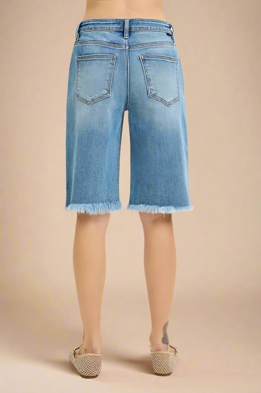 RISEN - Washed Denim Frayed Hem Bermuda Shorts