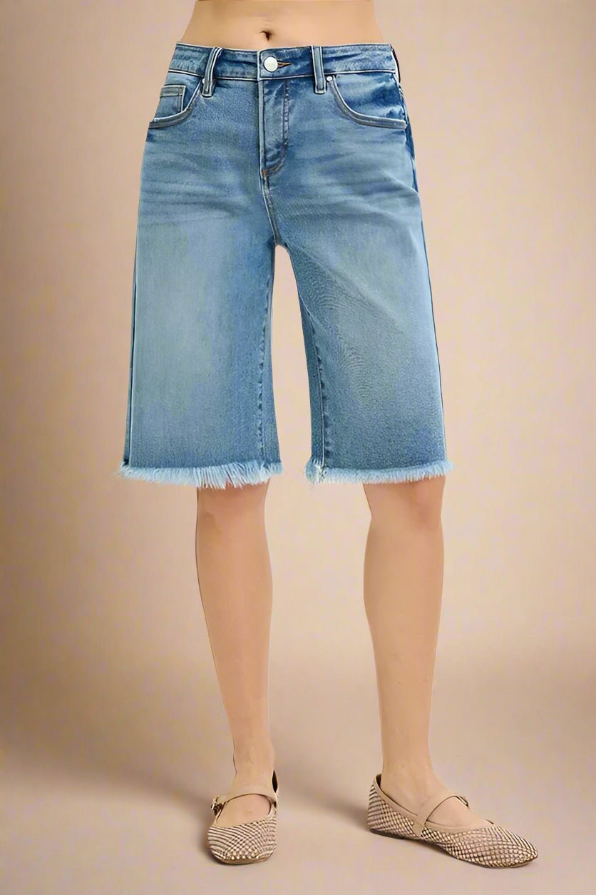 RISEN - Washed Denim Frayed Hem Bermuda Shorts