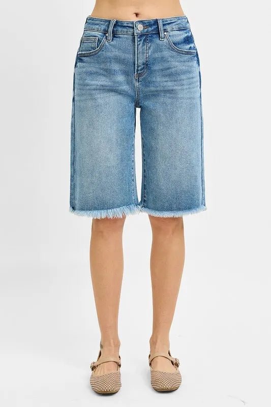 RISEN - Washed Denim Frayed Hem Bermuda Shorts