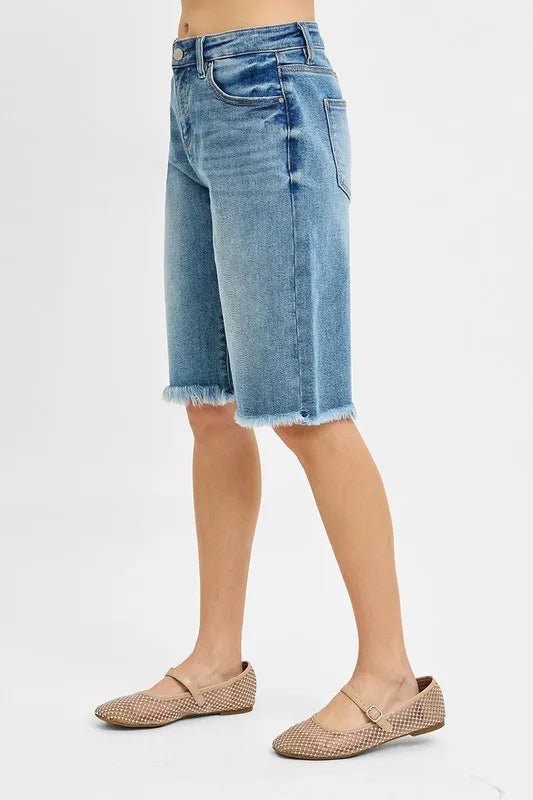RISEN - Washed Denim Frayed Hem Bermuda Shorts