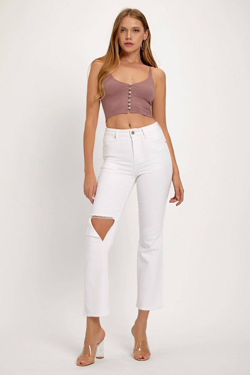 RISEN - White Distressed Cropped Straight Leg Jeans