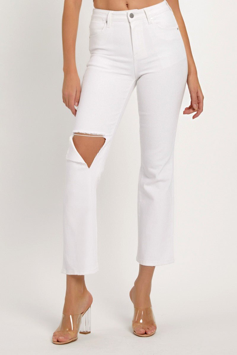 RISEN - White Distressed Cropped Straight Leg Jeans