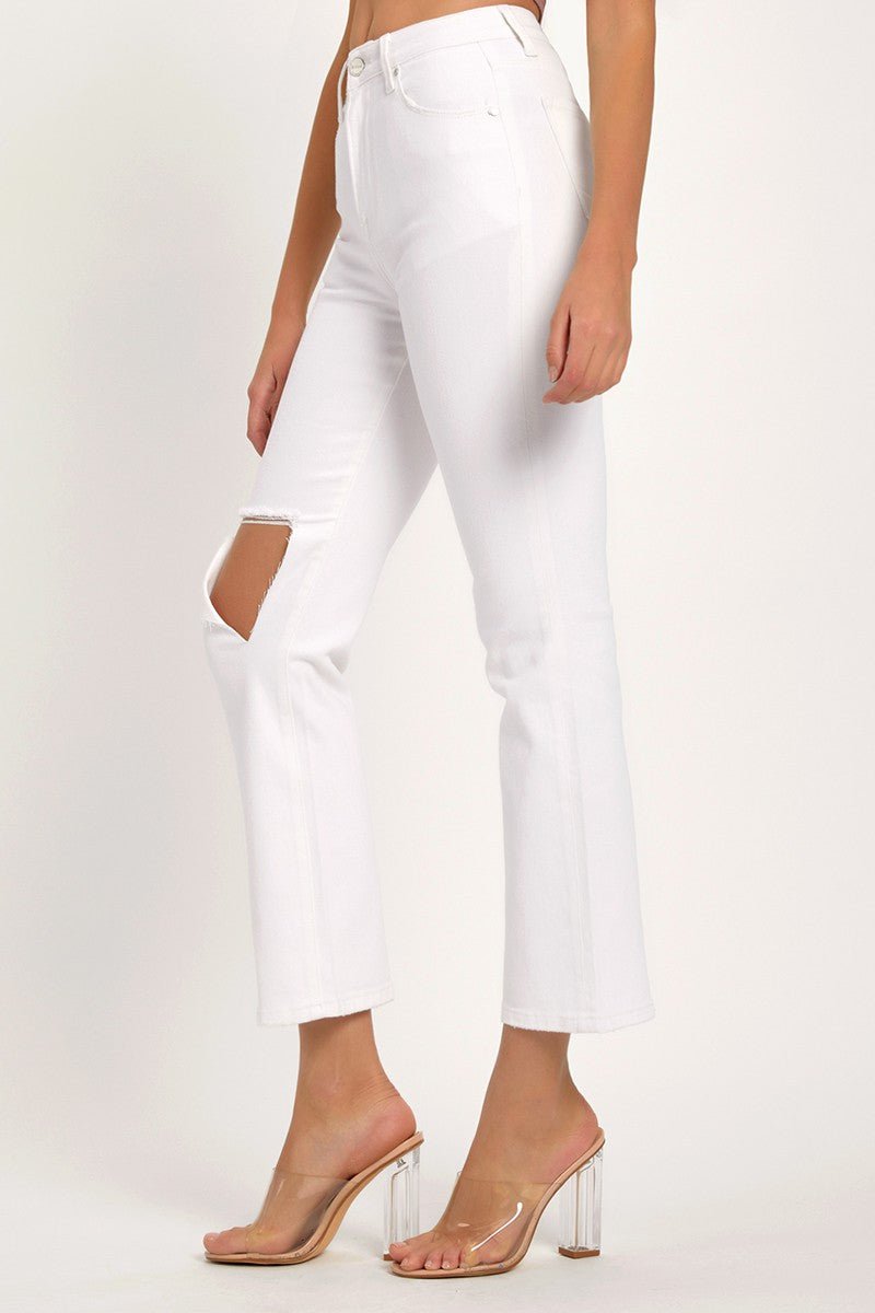 RISEN - White Distressed Cropped Straight Leg Jeans