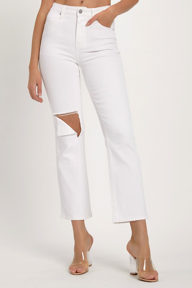 RISEN - White Distressed Cropped Straight Leg Jeans