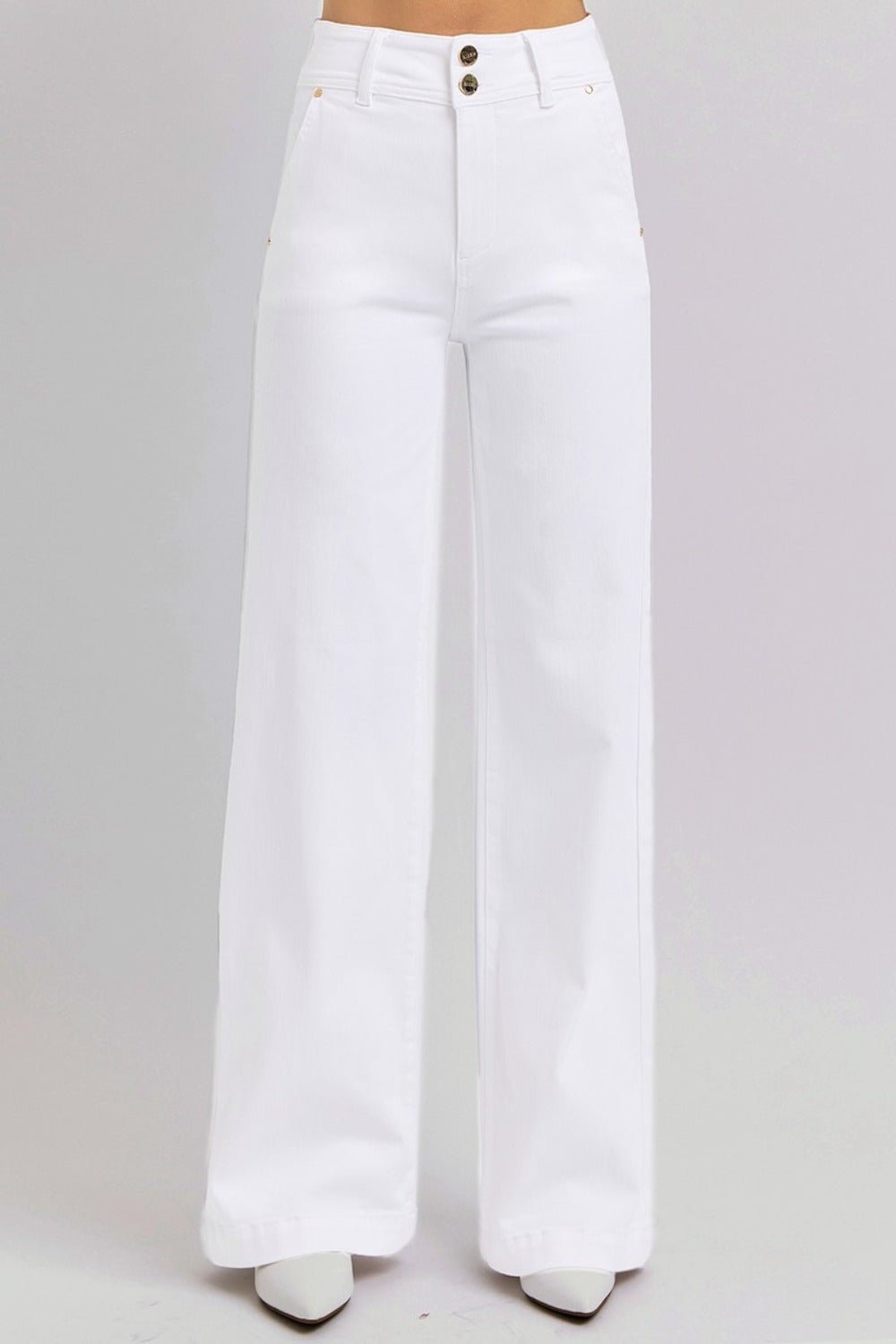 RISEN - White Tummy Control Double Button Wide Leg Jeans