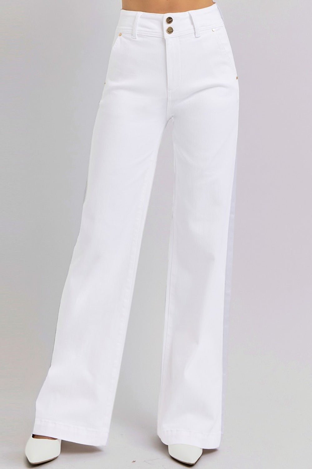 RISEN - White Tummy Control Double Button Wide Leg Jeans