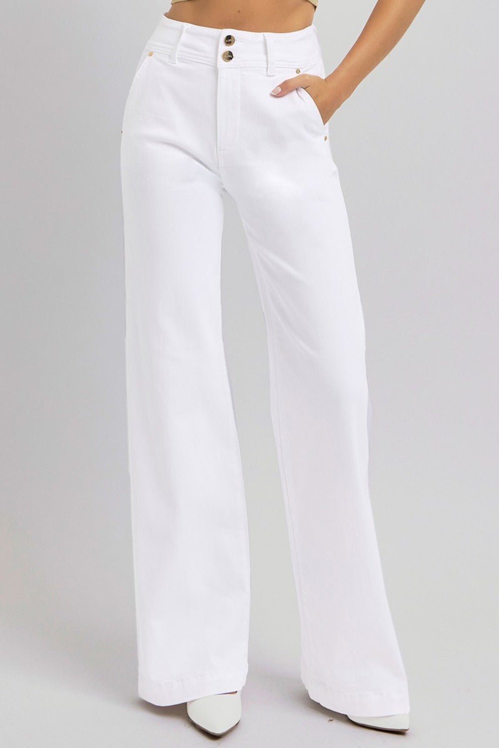 RISEN - White Tummy Control Double Button Wide Leg Jeans