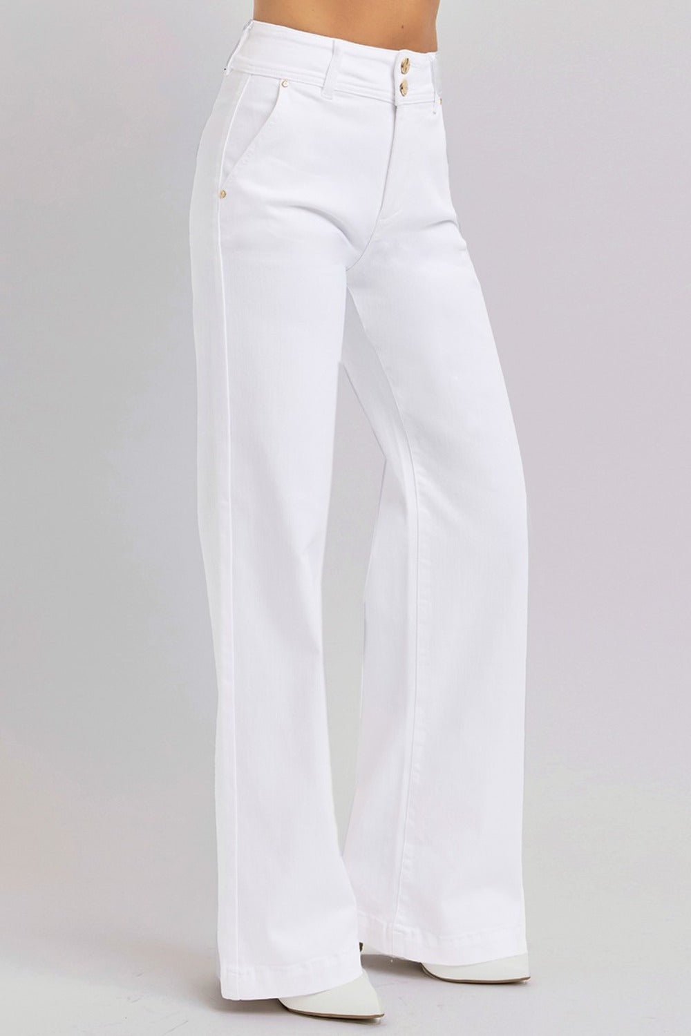 RISEN - White Tummy Control Double Button Wide Leg Jeans