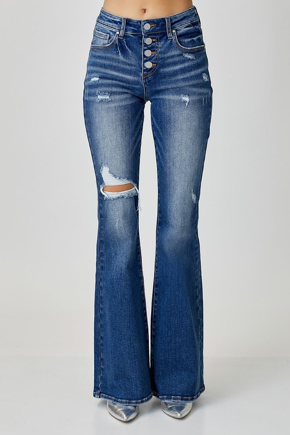 RISENDark Wash Distressed Button - Fly Flare Jeans