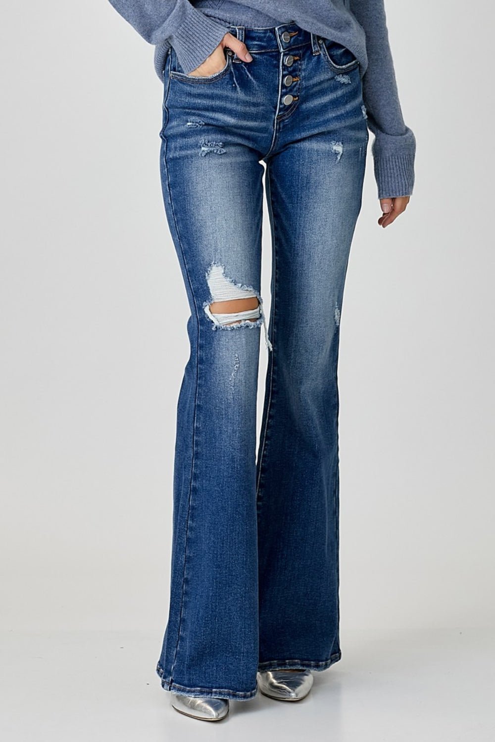 RISENDark Wash Distressed Button - Fly Flare Jeans