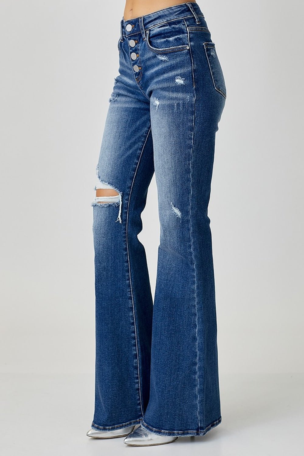 RISENDark Wash Distressed Button - Fly Flare Jeans