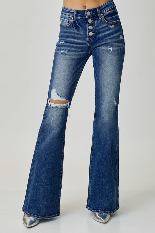 RISENDark Wash Distressed Button - Fly Flare Jeans