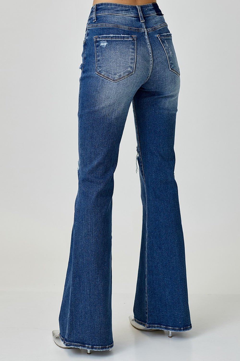 RISENDark Wash Distressed Button - Fly Flare Jeans