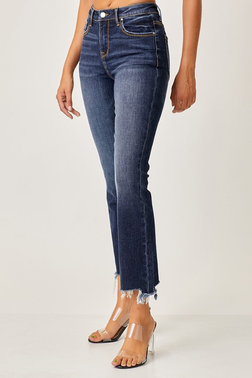 RISENDark Wash Frayed Hem Cropped Straight Jeans