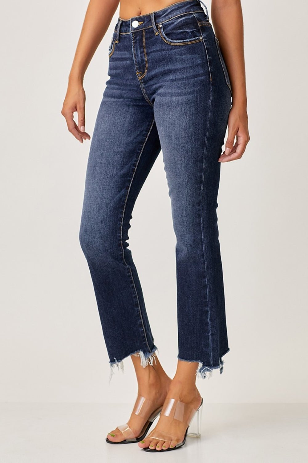 RISENDark Wash Frayed Hem Cropped Straight Jeans