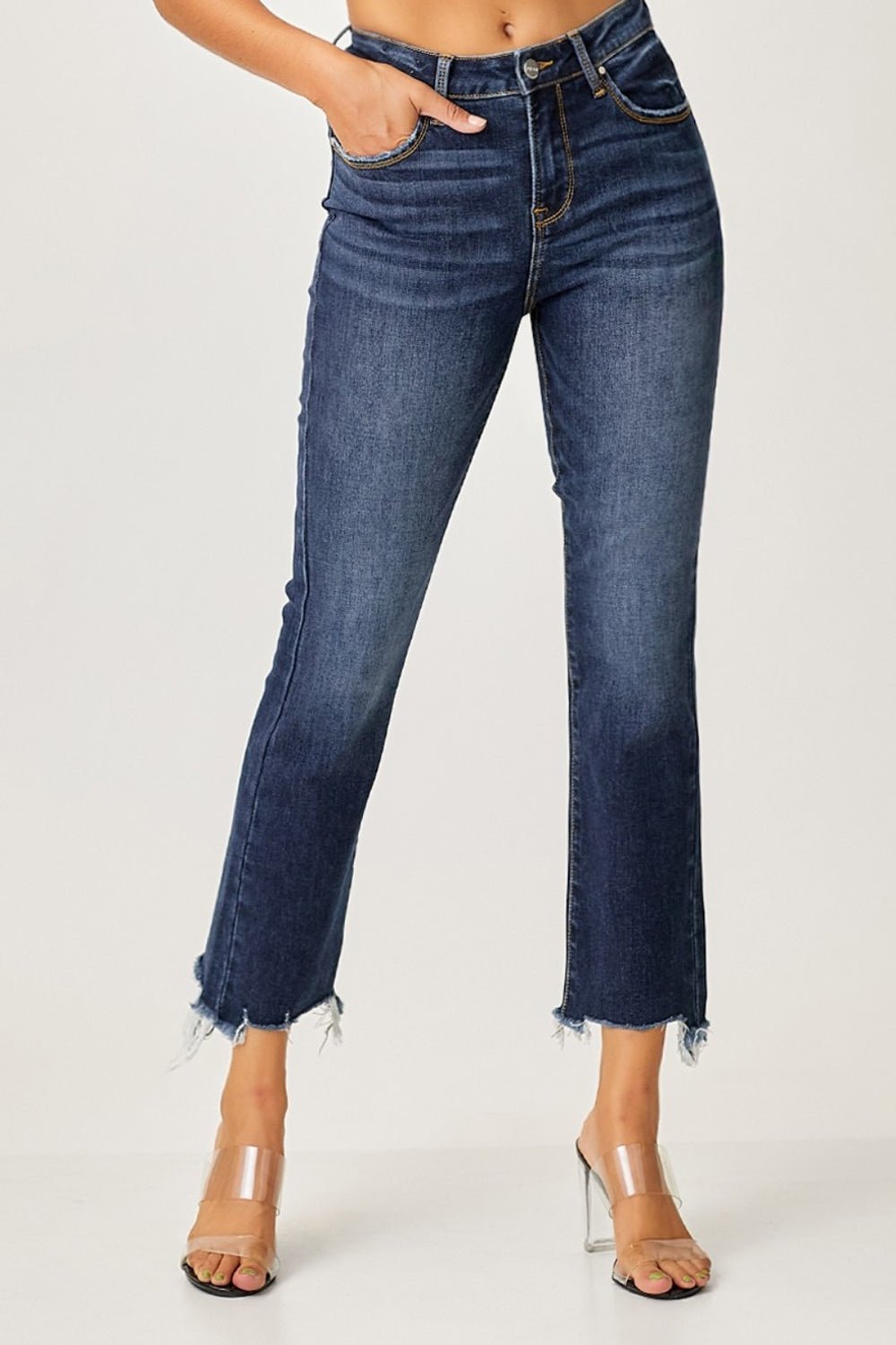 RISENDark Wash Frayed Hem Cropped Straight Jeans