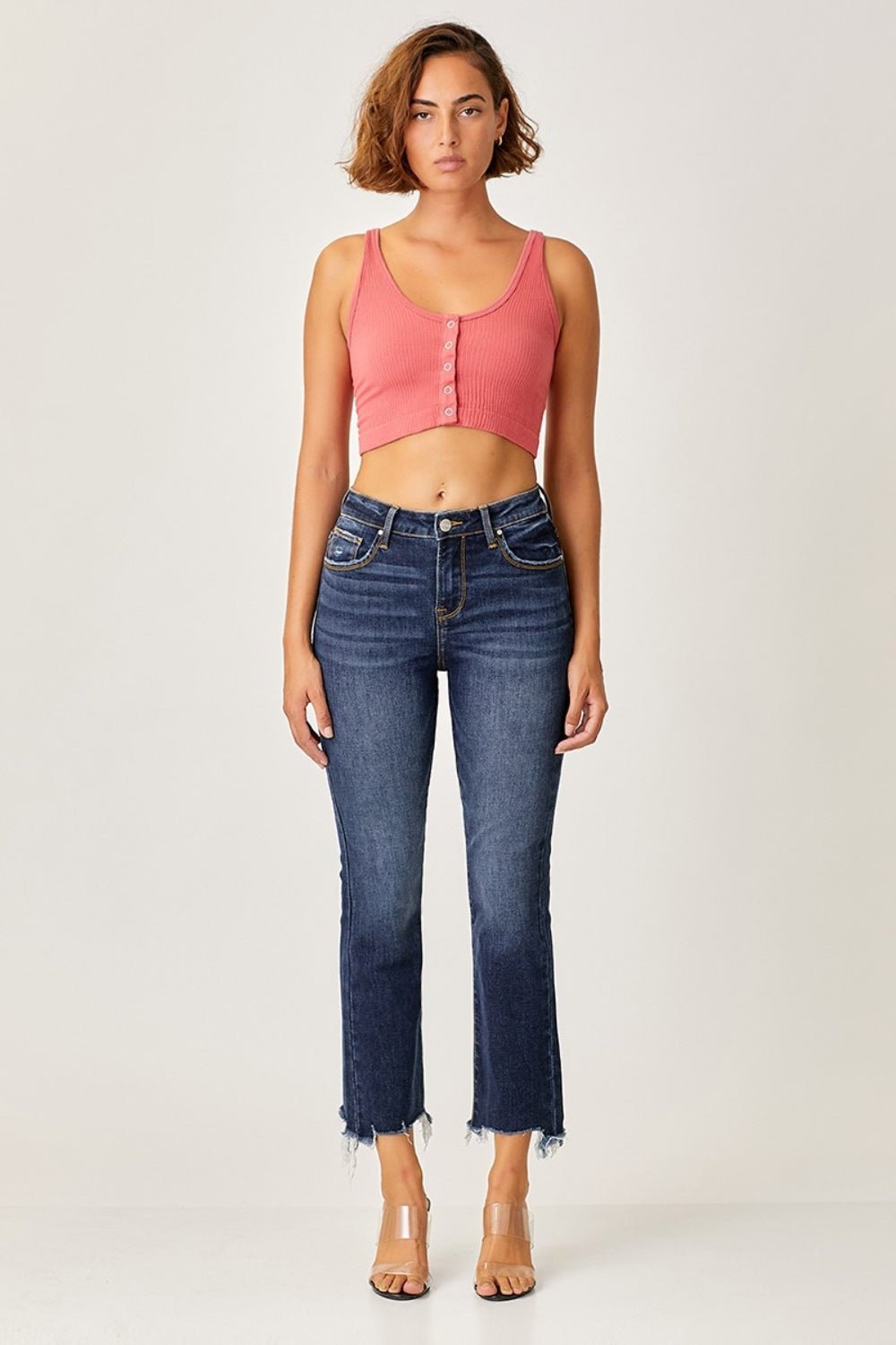 RISENDark Wash Frayed Hem Cropped Straight Jeans