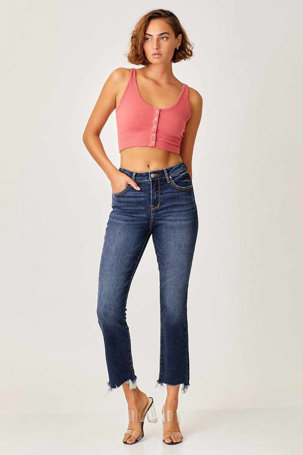 RISENDark Wash Frayed Hem Cropped Straight Jeans