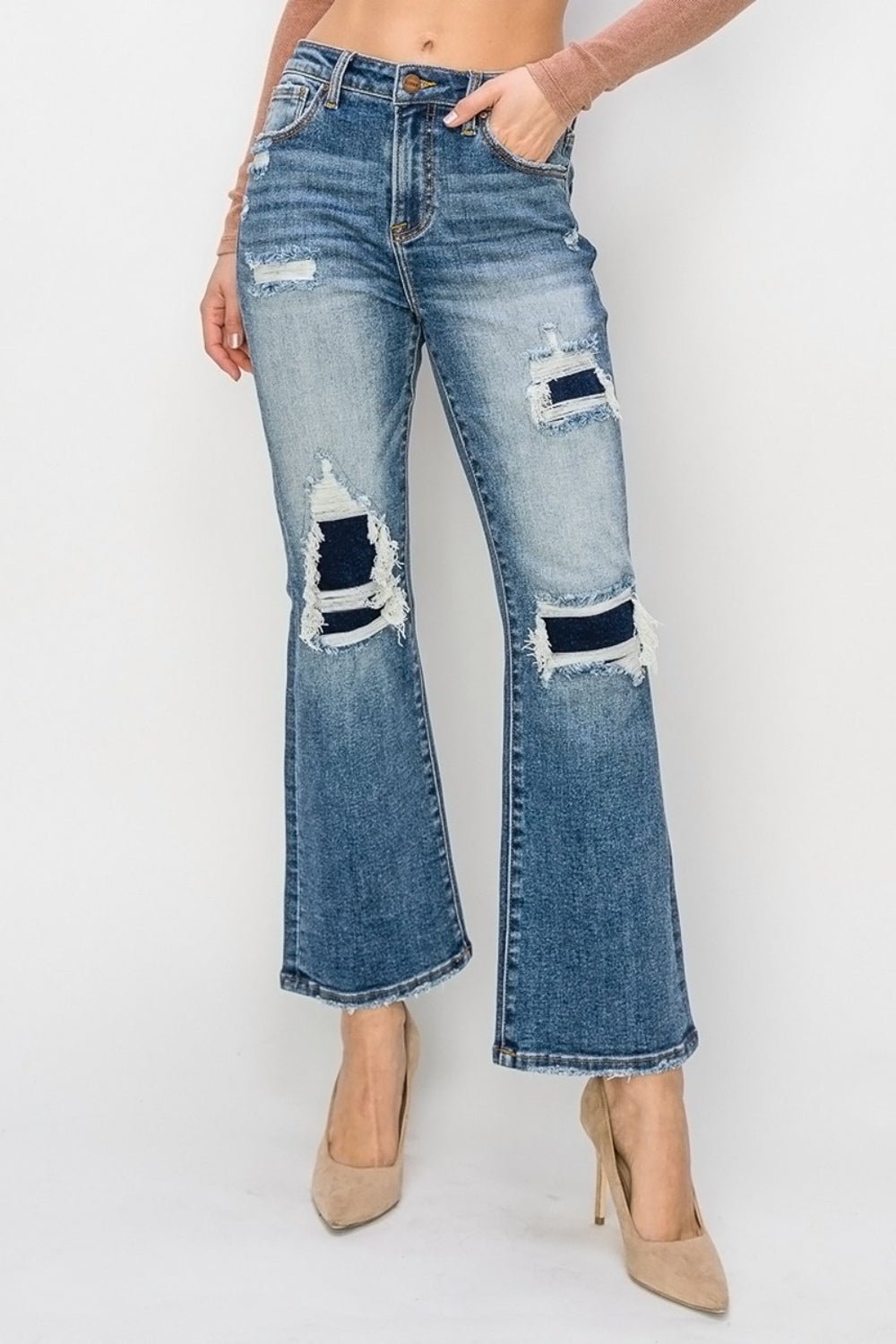 RISENDark Wash High Rise Distressed Ankle Flare Jeans